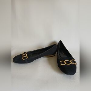 Franco Sarto Black Suede Leather Flats with Gold Chain Detail Sz8M